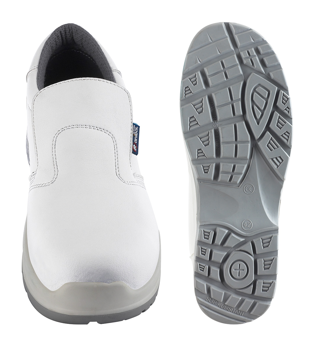 1688-ZBM PRO Chaussures de securite Basic Line Chaussure mod. 'ADRIATICO'. Chaussure microfibre type mocassin S2 “Metal Free” blanche avec semelle double densité en Polyuréthane. 
