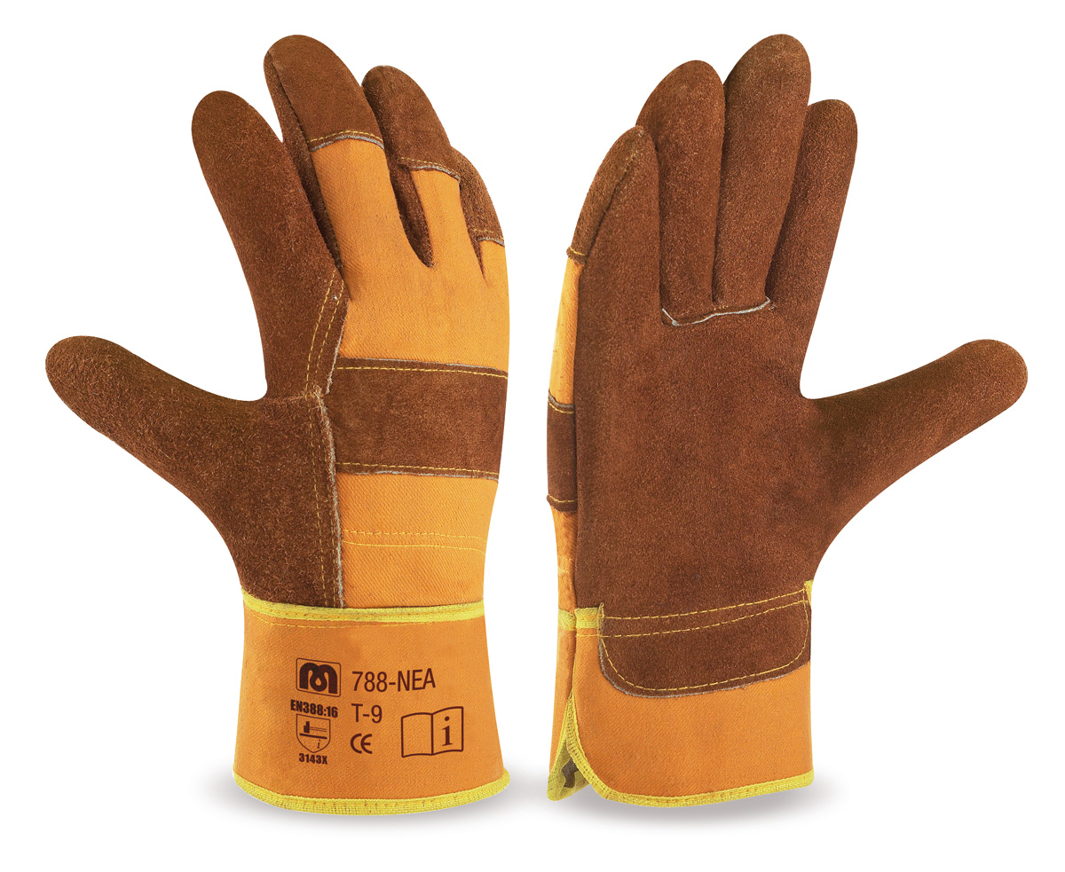 788-NEA Gants de Travail Américains Cuir et Toile Gant mixte croûte de cuir 1°, coloris marron, manchette rigide