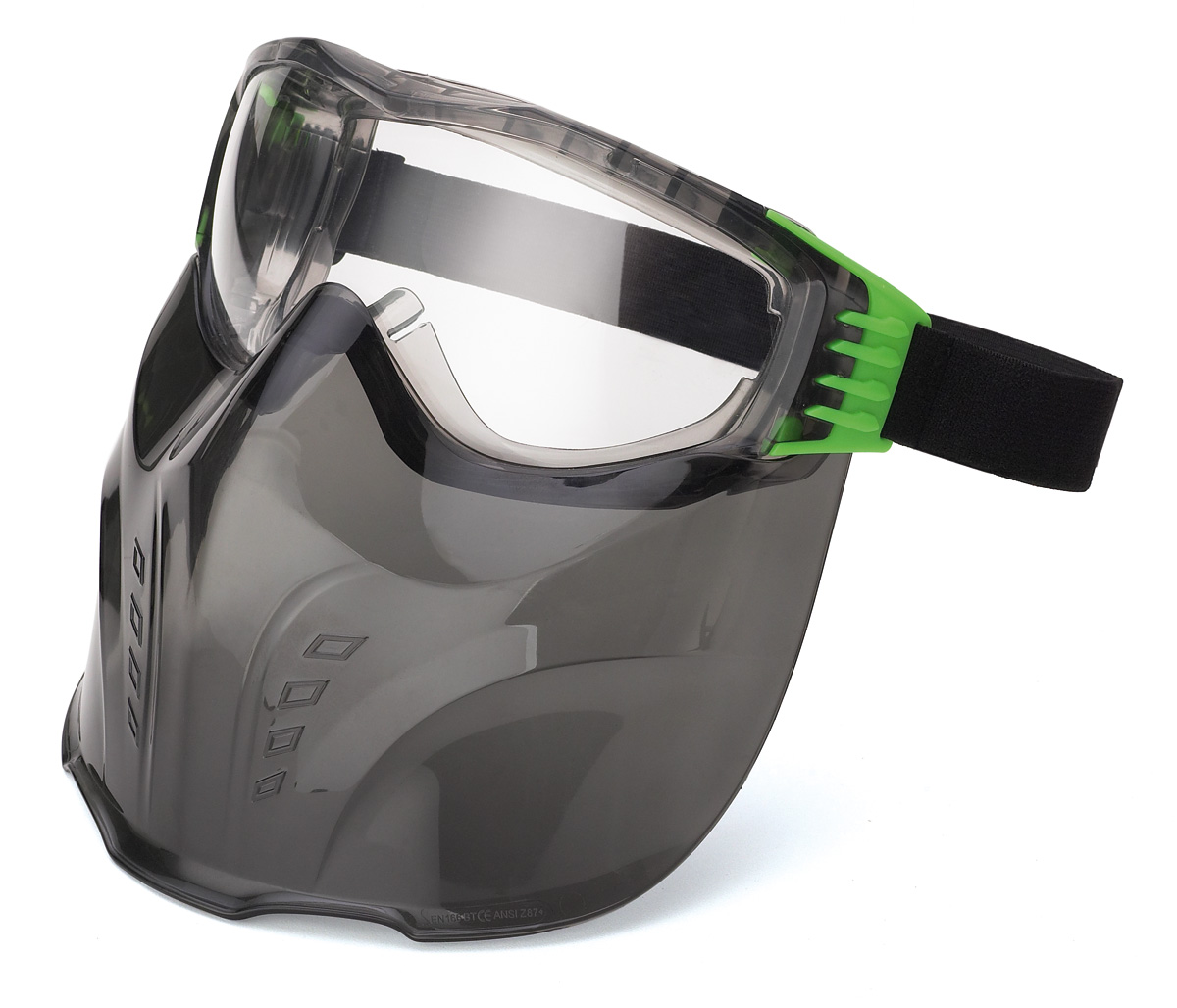 2188-PFX3 Eye Protection Pro Line mounted integrated glasses Face shield composed of integral panoramic glasses 180 ° with military design, colorless eyepiece anti-abrasion and anti-fogging for mechanical hazards and UV radiation + Polycarbonate Viewer.