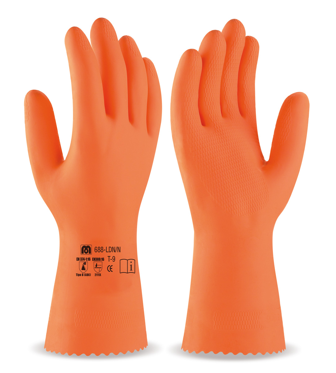688-LDN/N Guantes de Trabajo Latex sin soporte Guante tipo industrial de látex en color naranja para riesgos mecánicos, químicos y microorganismos.