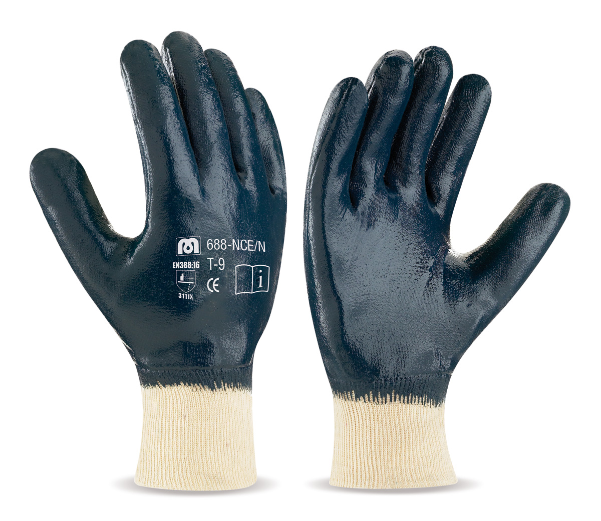 688-NCE/N Work Gloves Nitrile With Support  Covered back. First-class latex glove with knitted cotton support, elastic cuff and inner lining.