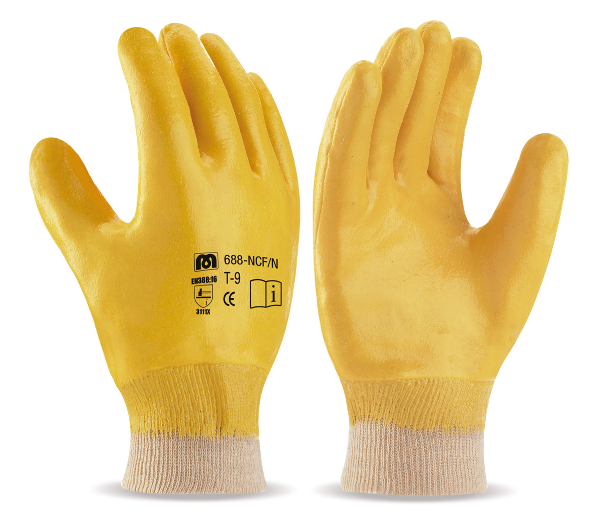 688-NCF/N Work Gloves Nitrile With Support  Covered back. Flexible Nitrile Glove with knitted cotton support with elastic cuff.
