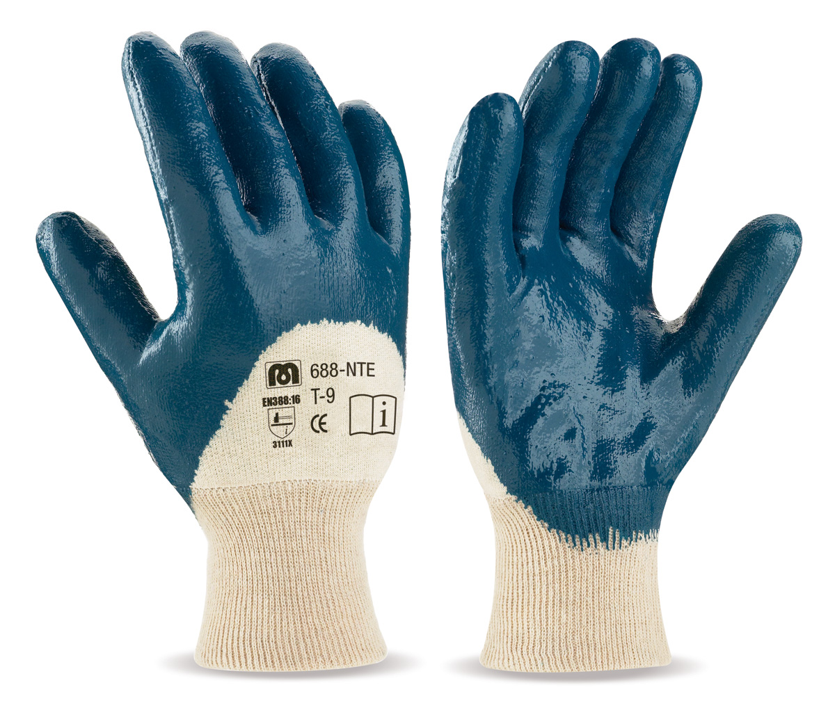 688-NTE Work Gloves Nitrile With Support  Breathable back. Flexible Nitrile Glove with cotton support, rigid sleeve and inner lining.