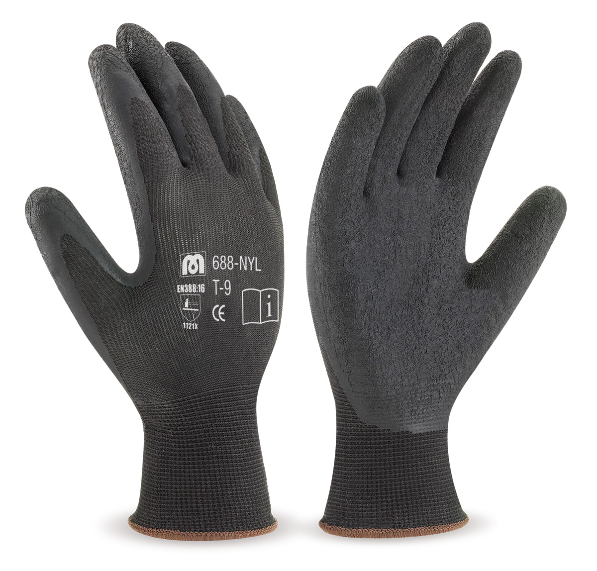 688-NYL Work Gloves Nylon Black nylon glove with black-coloured latex covering.