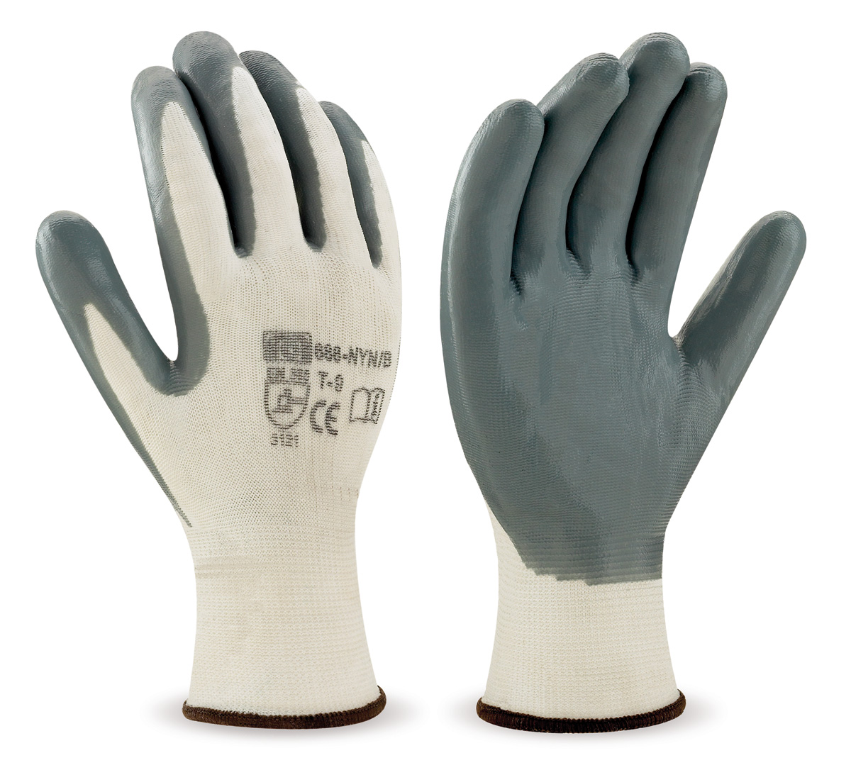 688-NYN/B Work Gloves Nylon White polyester glove with grey nitrile coating.