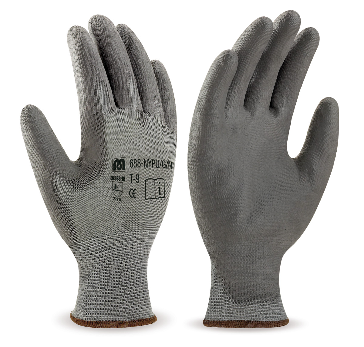 688-NYPU/G/N Work Gloves Nylon Grey polyester glove with grey polyurethane coating.