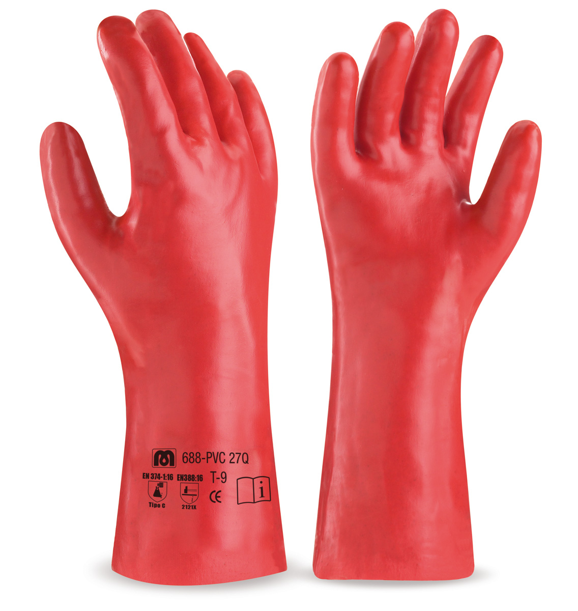 688-PVC 27Q Work Gloves PVC Watertight PVC glove (27cm), red for mechanical and chemical hazards