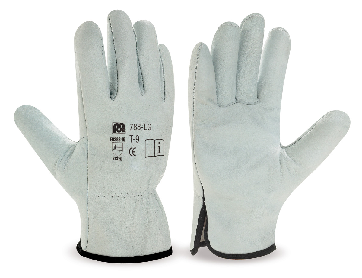 788-LGB Work Gloves Driver Type Natural-coloured split leather driver type glove with edging trim. 